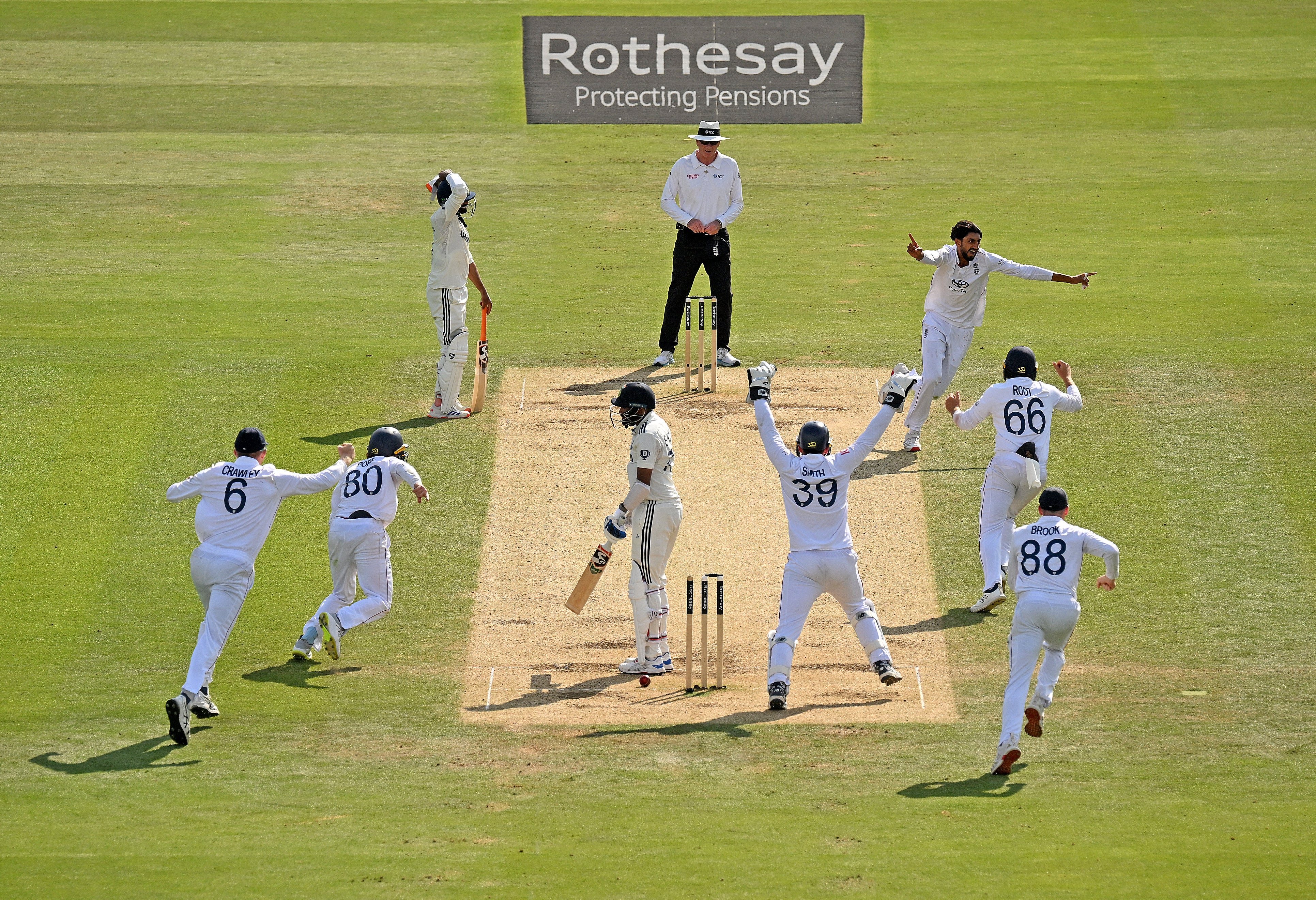 Shoaib Bashir, top right, celebrates dismissing Mohammed Siraj on day five at Lord's