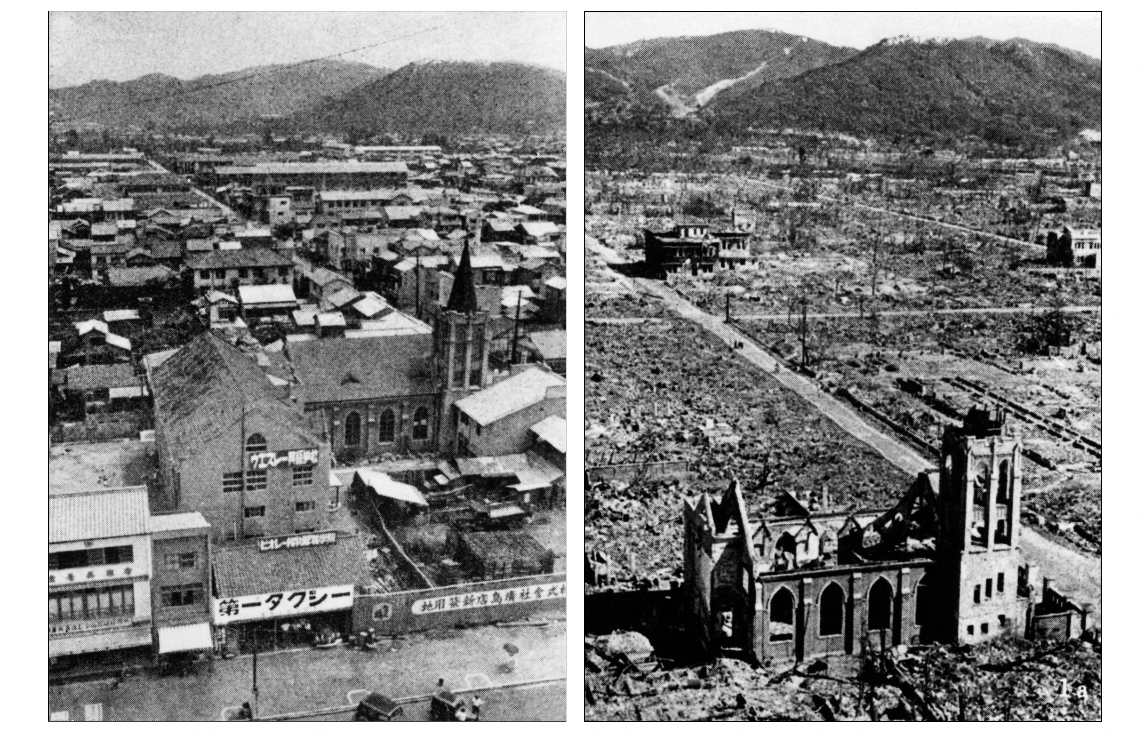 This combination image of two file photos dated 1945 shows a view of the city of Hiroshima before (L) and after (R) the first atomic bomb was dropped by a US Air Force B-29 aircraft on the city on 6 August 1945