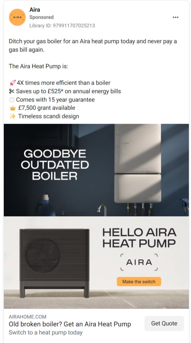 An advertisement for an aira heat pump