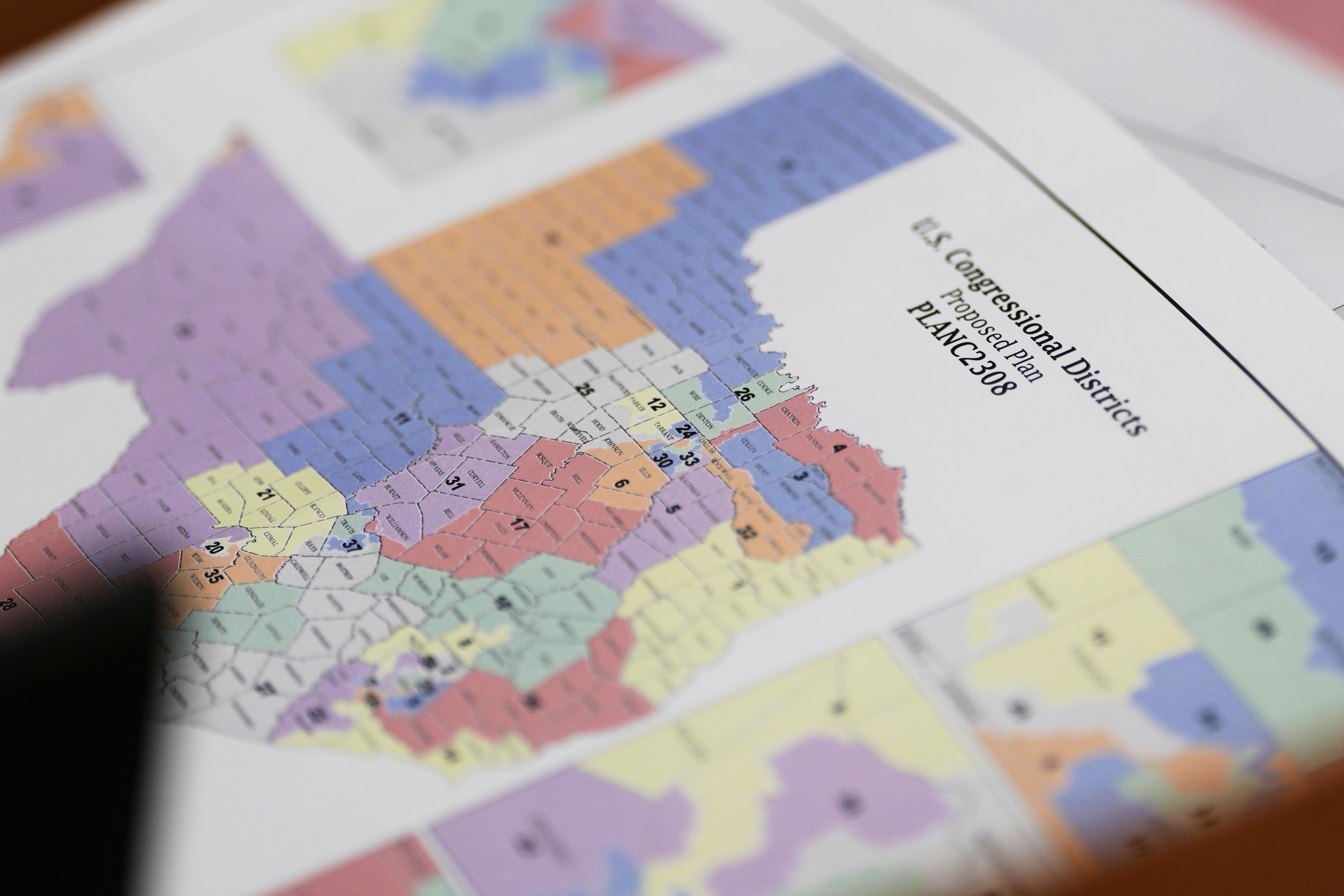 A map of U.S Congressional Districts proposed plan is seen at a Texas legislators' public hearing on congressional redistricting in Austin, Texas, last Friday