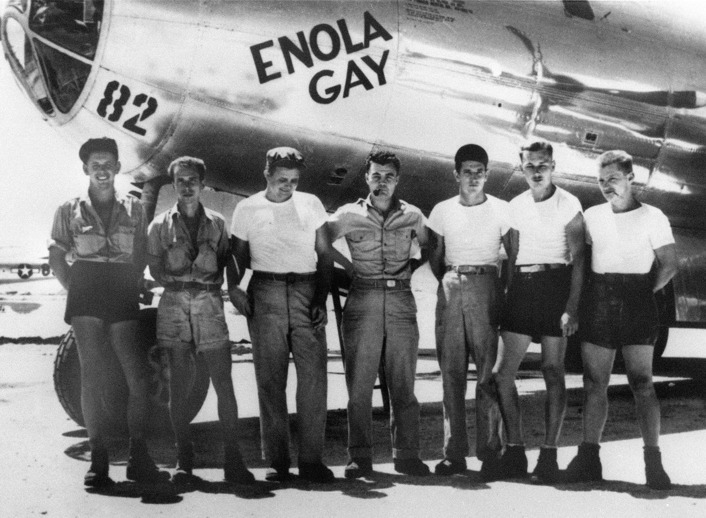 This photo obtained from the US Air Force dated August 1945 shows the crew of the B-29 bomber 