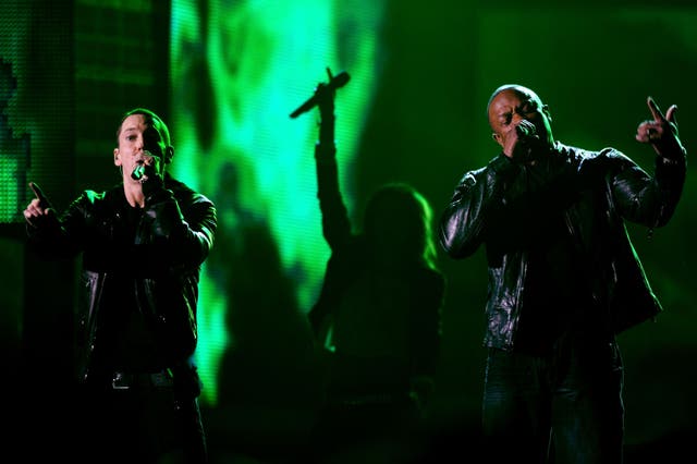 <p>Eminem and Dr Dre in 2011 </p>