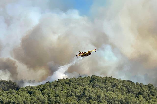 <p>This photo provided by the Securite Civile shows a water bomber plane dropping water on the wildfire in the Corbieres massif , southern France, Tuesday, Aug. 5, 2025</p>