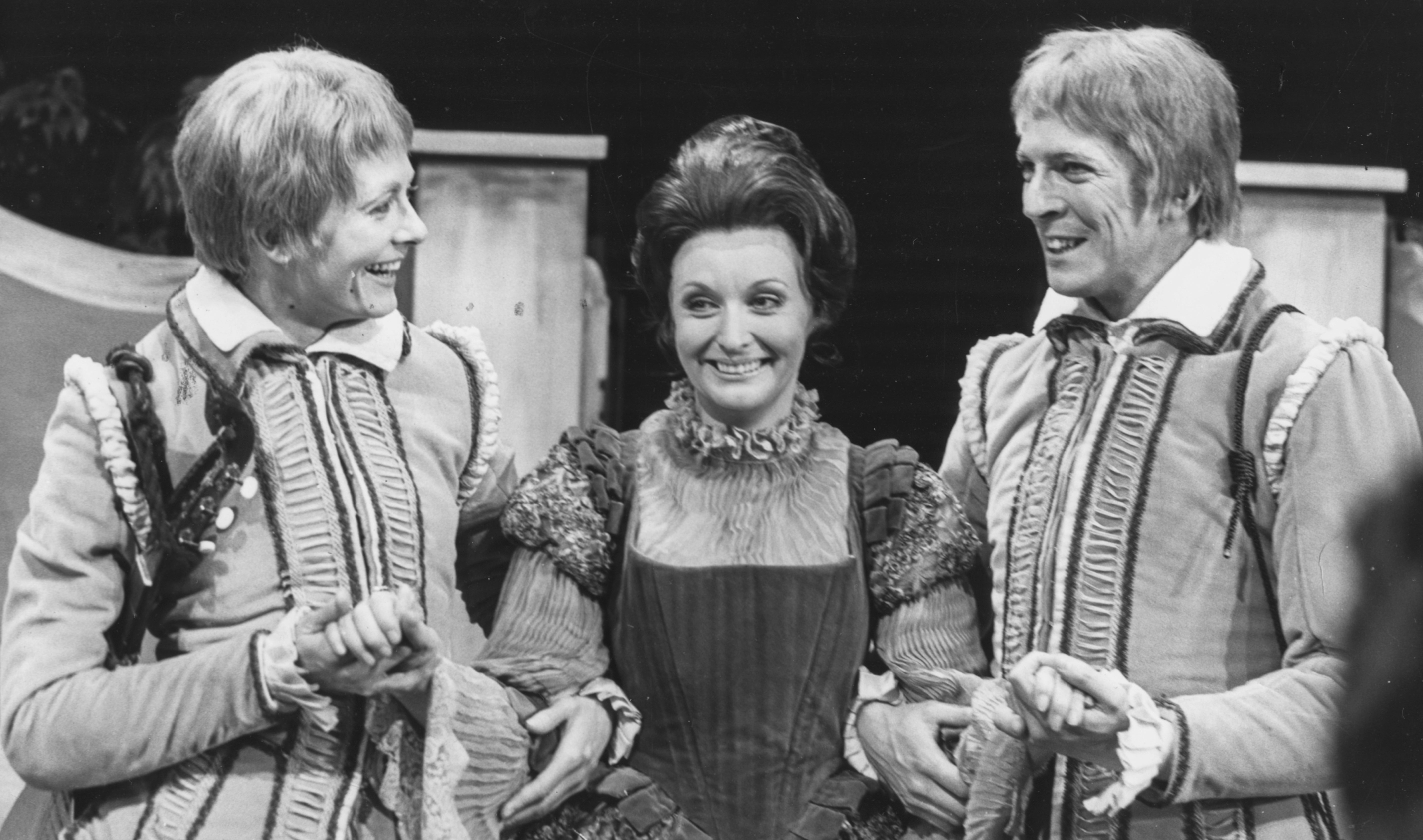 Vanessa Redgrave, left, Nyree Dawn Porter and Norman Eshley in costume during rehearsals for the Shakespeare play 'Twelfth Night' in 1972