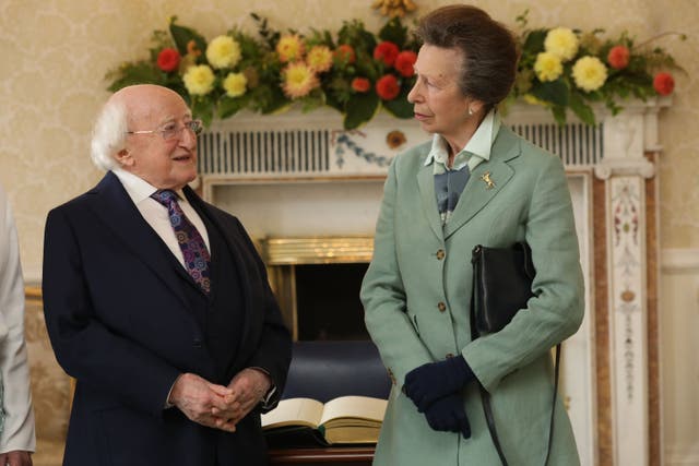President of Ireland Michael D Higgins receives the Princess Royal at Aras an Uachtarain, Dublin (Gareth Chaney/PA)