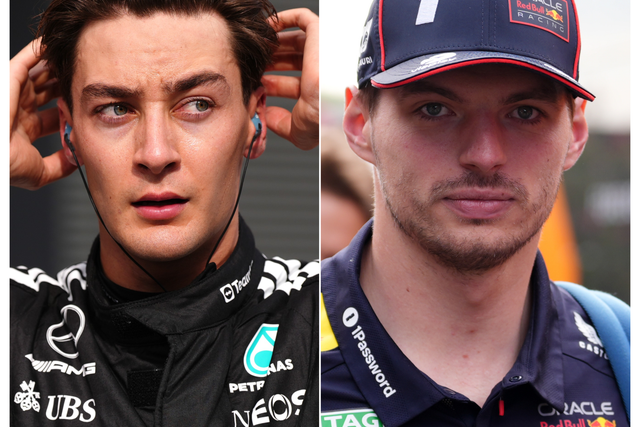 <p>George Russell (left) will remain at Mercedes, with Max Verstappen staying at Red Bull</p>
