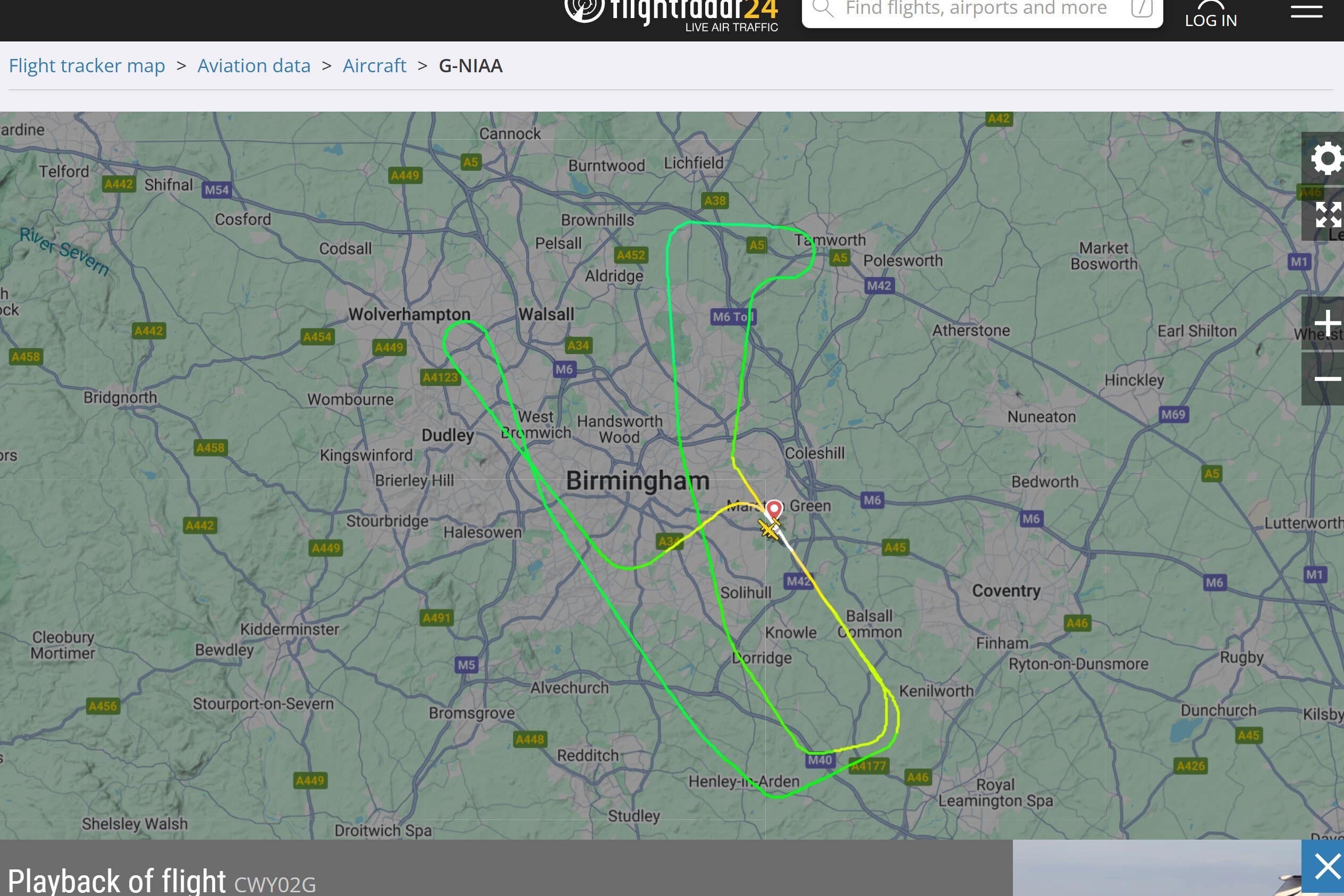 Screengrab taken from the FlightRadar 24 website of the flight path of Flight CWYO2G (FlightRadar 24/PA)