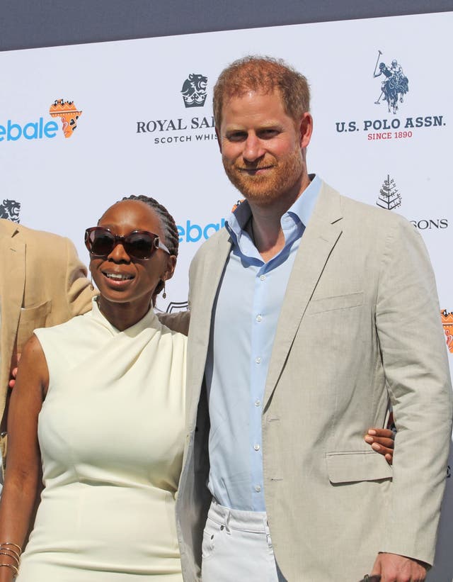 The Duke of Sussex with Sentebale chairwoman Dr Sophie Chandauka, during a fundraising polo match for Sentebale (Yaroslav Sabitov/PA)