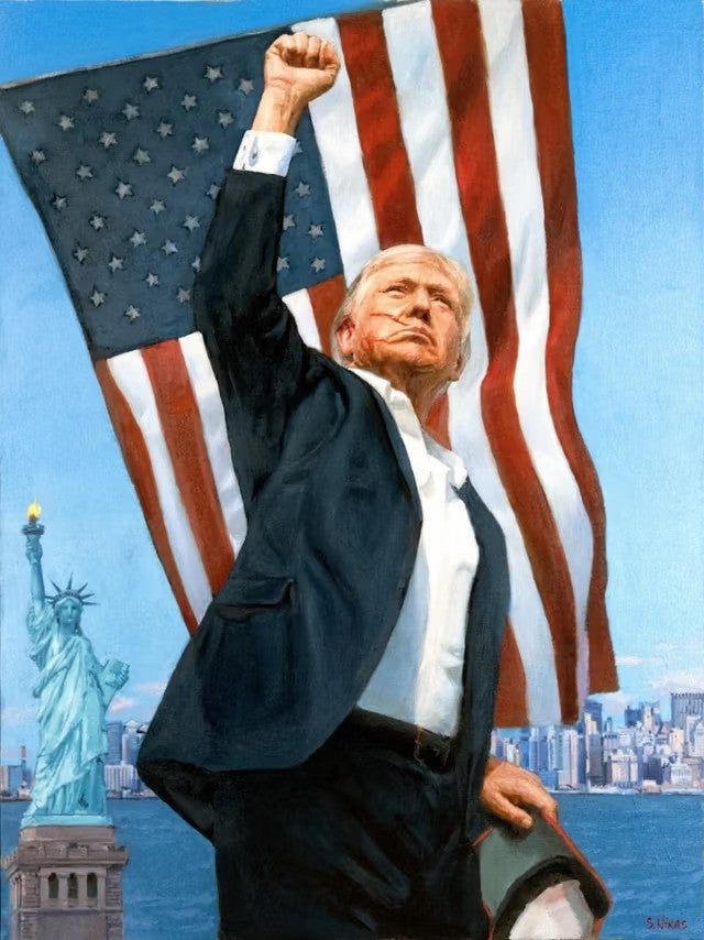 Nikas Safronov's portrait of Donald Trump, commissioned as a gift to the US president by Russian President Vladimir Putin earlier this year