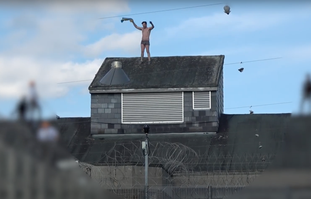 <p>IPP prisoner Joe Outlaw protests on the roof of maximum security HMP Frankland in Durham</p>