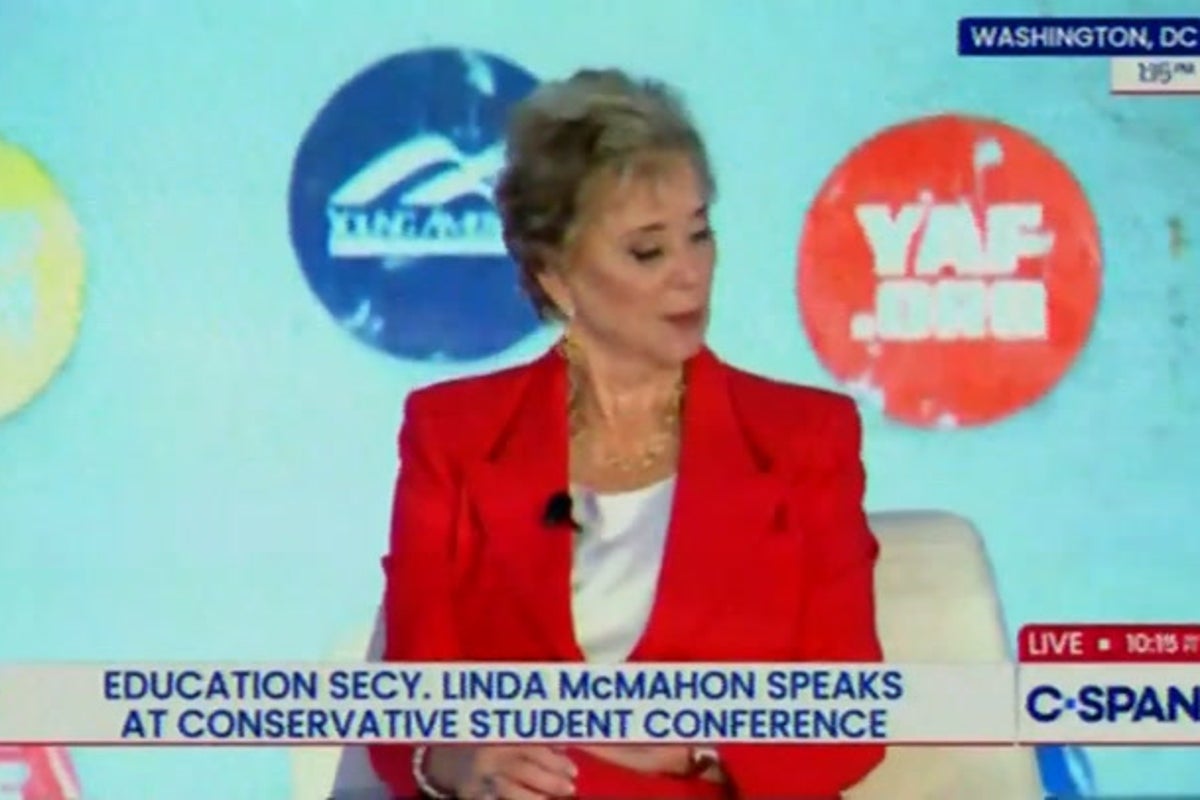 Trump Education Secretary’s speech interrupted with ‘corrupt billionaire’ audio and clown music