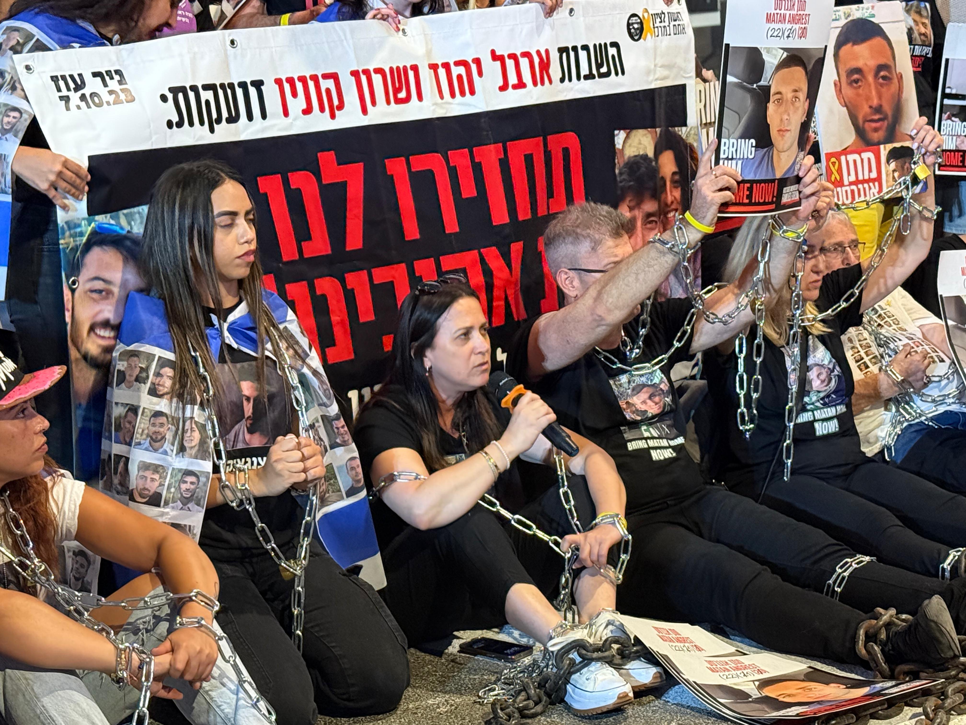 The families of hostages and released hostages chained themselves in front of government offices as Netanyahu met with the cabinet
