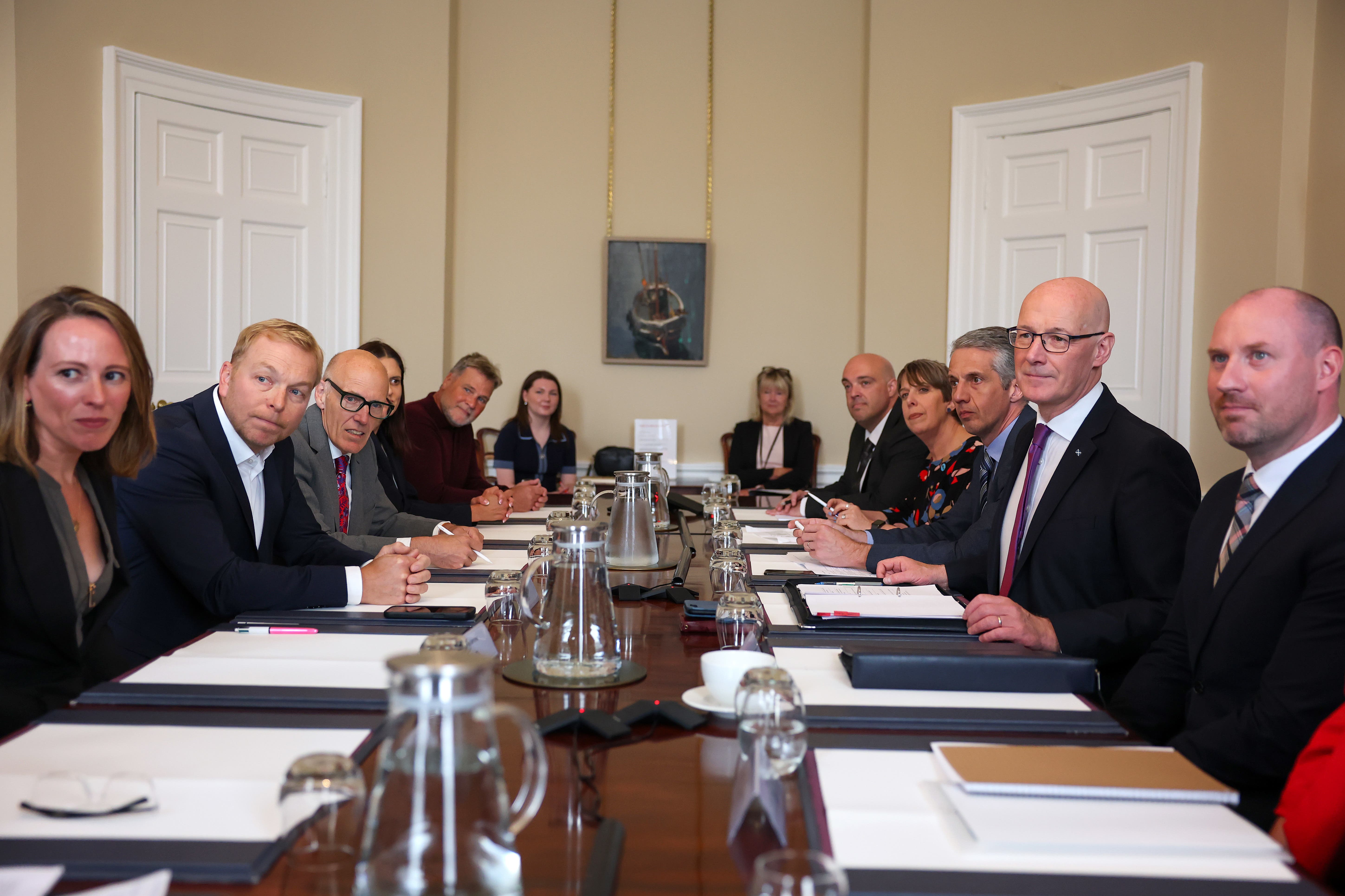 First Minister John Swinney (second right) hosts a roundtable on prostate cancer with health secretary Neil Gray (right), Sir Chris Hoy (second left), Lady Sarra Hoy (left), doctors, charity leaders and people with lived experience of prostate cancer (Jeff J Mitchell/PA)
