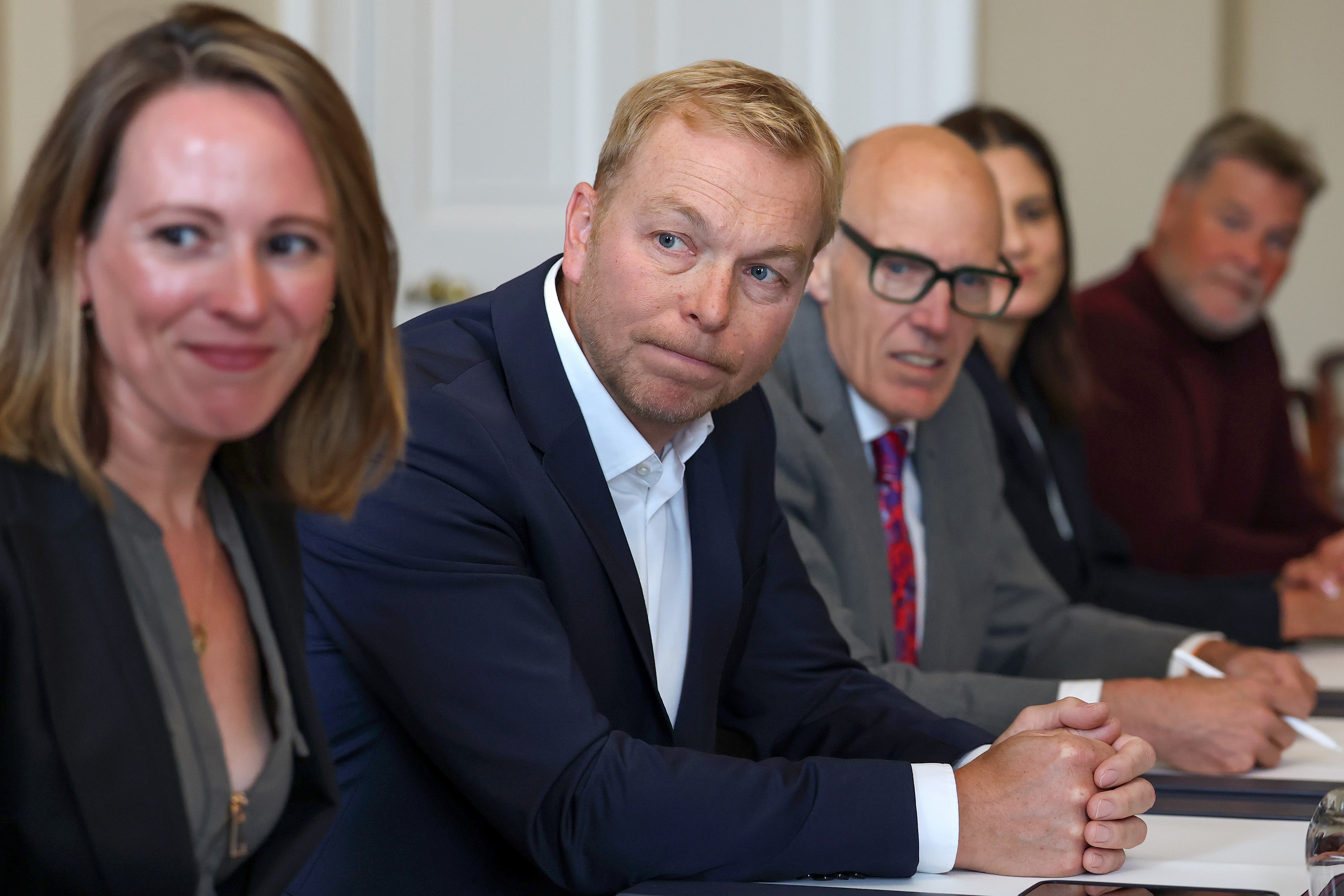 Lady Sarra Hoy, first left, and Sir Chris Hoy, centre, during the meeting at Bute House (Jeff J Mitchell/PA)