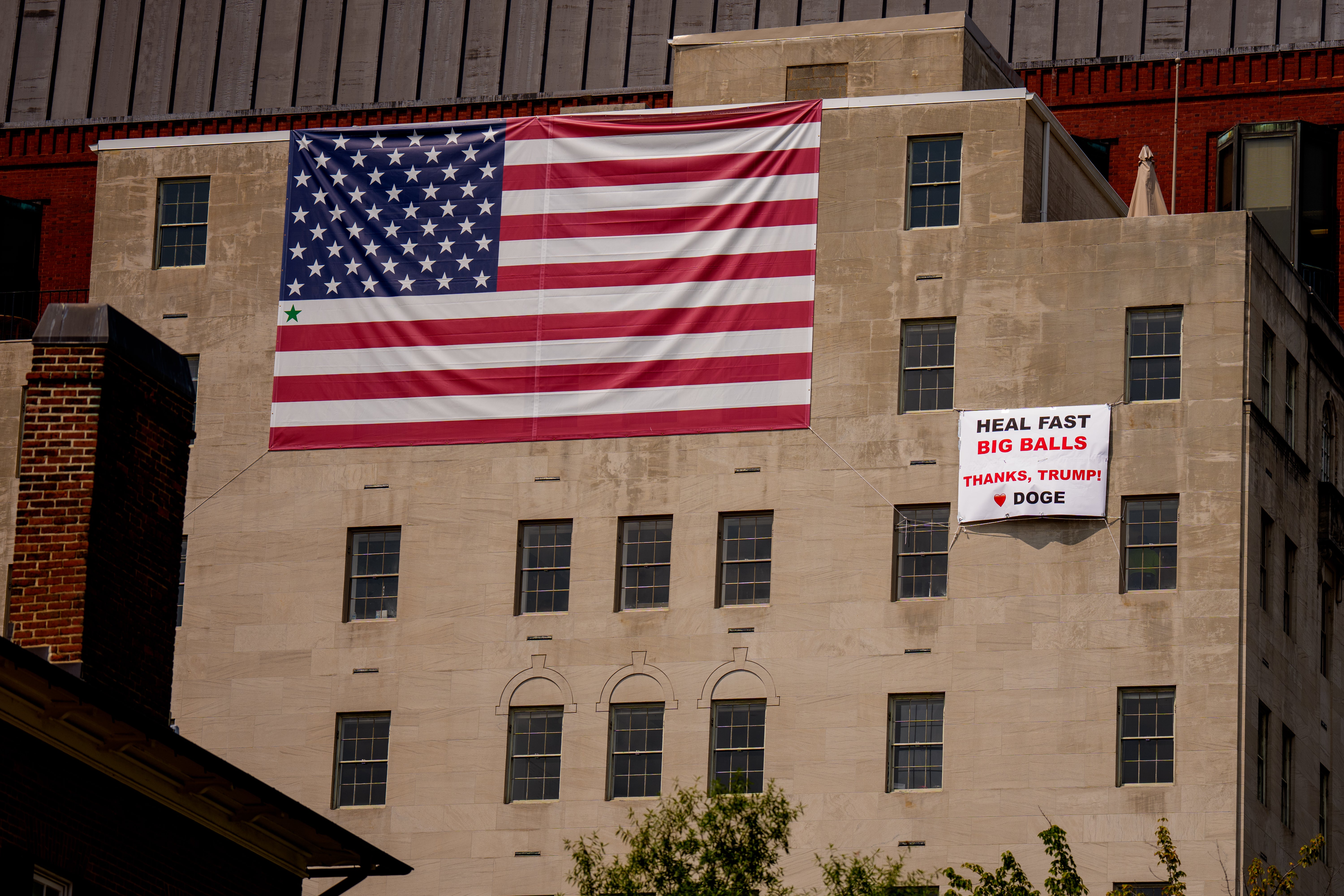 A sign in that said, ‘Heal Fast Big Balls Thanks, Trump!’ was spotted on August 7 in Washington, DC.