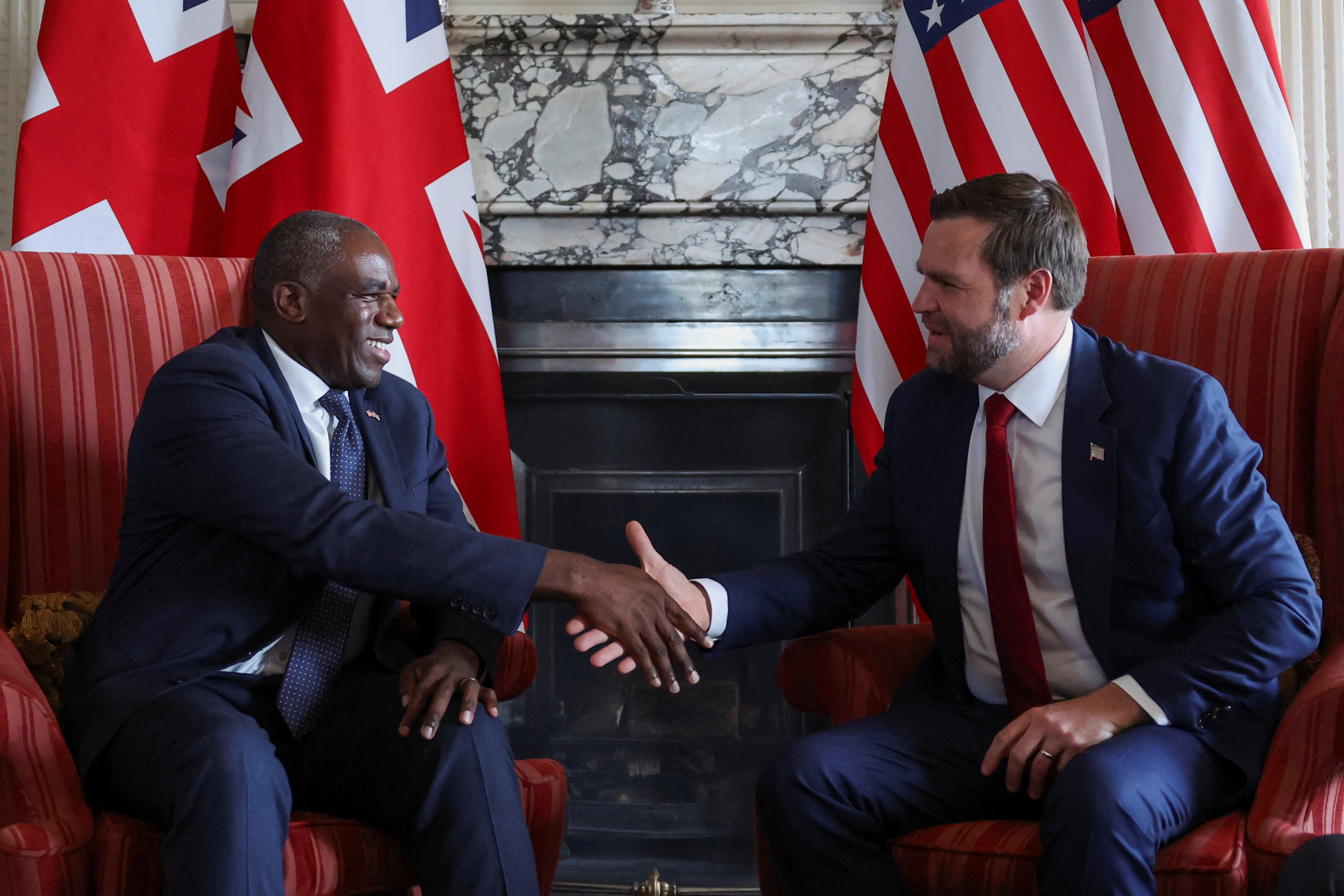 Foreign secretary David Lammy welcomes US vice president JD Vance to Chevening House in Kent, during his visit to the UK