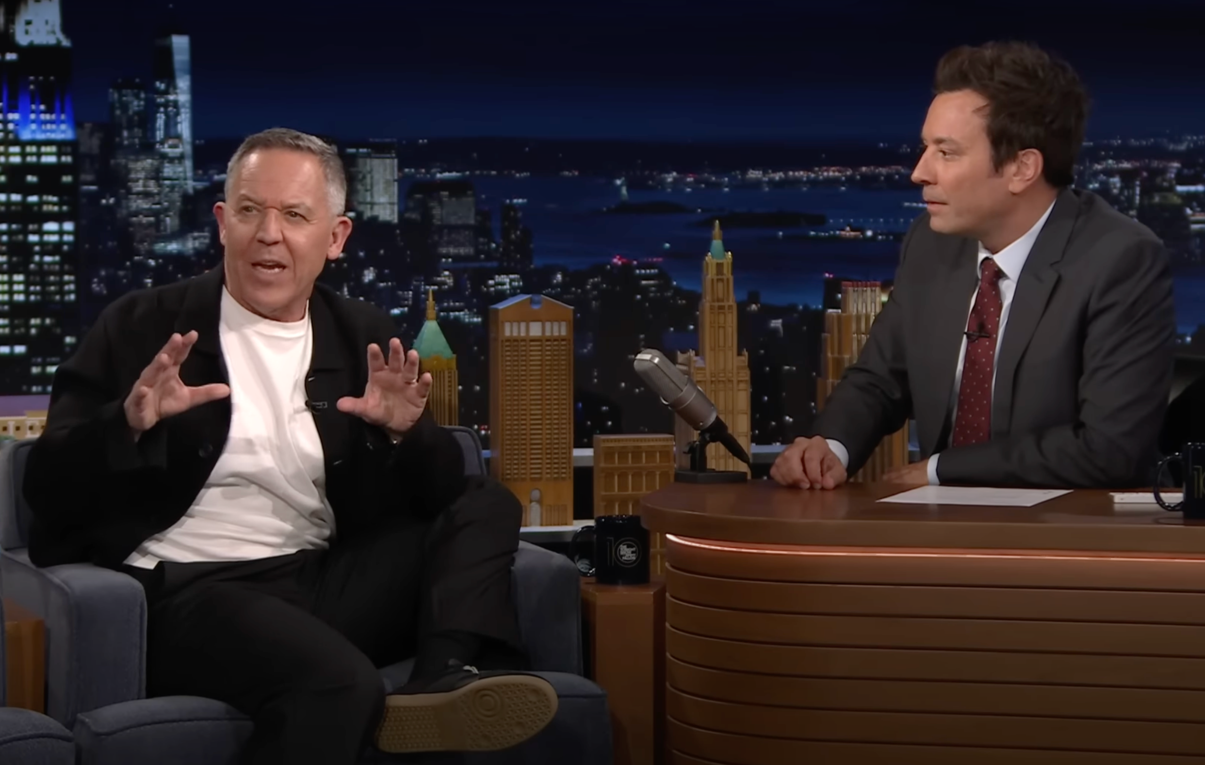 Fox News host Greg Gutfeld guests on The Tonight Show Starring Jimmy Fallon on Thursday August 7 2025