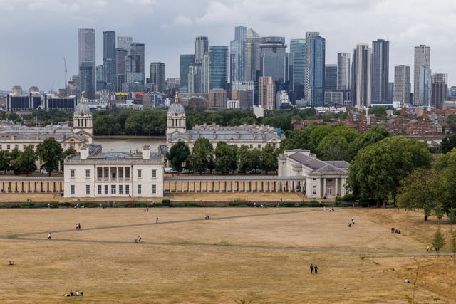 <p>People walk through dried grass in Greenwich Park</p>