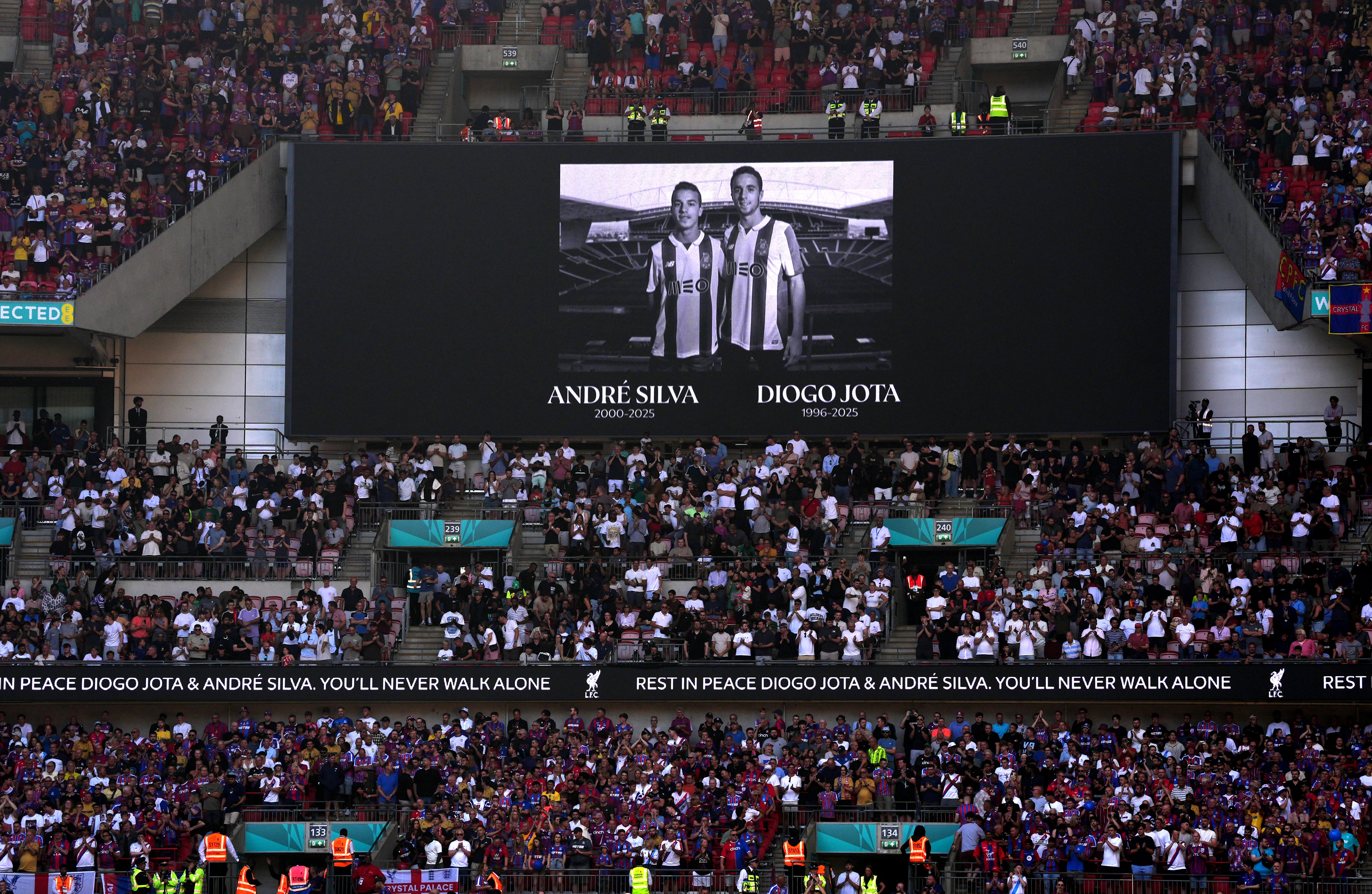 <p>A tribute on the big screen to the late Andre Silva and Diogo Jota ahead of the FA Community Shield match at Wembley Stadium</p>