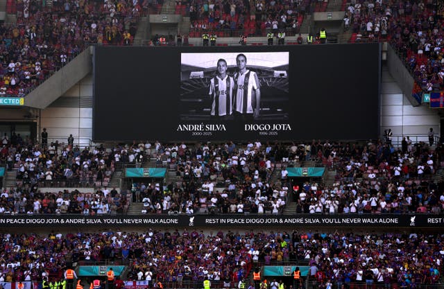 <p>A tribute on the big screen to the late Andre Silva and Diogo Jota ahead of the FA Community Shield match at Wembley Stadium</p>