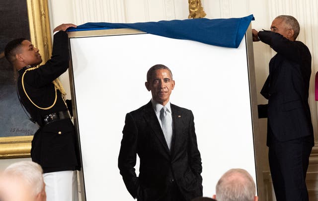 <p>Former President Barack Obama's official White House portrait, seen in 2022 during an unveiling ceremony. The portrait is now out of view from visitors, a new report says</p>