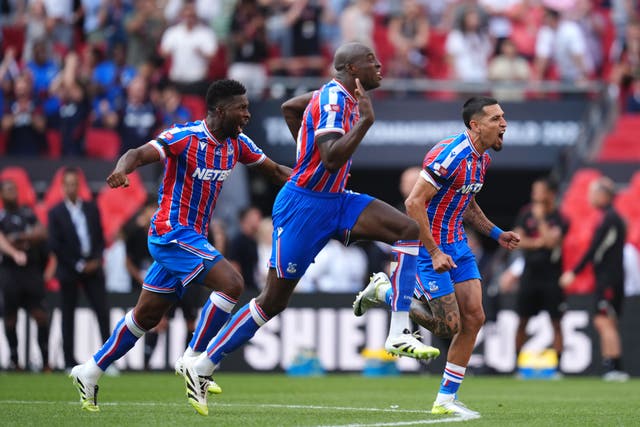 Crystal Palace’s Jean-Philippe Mateta (centre) celebrates victory with his team-mates (John Walton/PA)