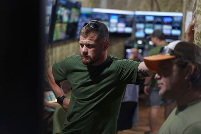 <p>Serhii Filimonov, commander of the Da Vinci Wolves Battalion looks on a live stream from the frontline during fighting with Russian on Pokrovsk direction, Ukraine, Saturday, Aug. 9, 2025. (AP Photo/Evgeniy Maloletka)</p>
