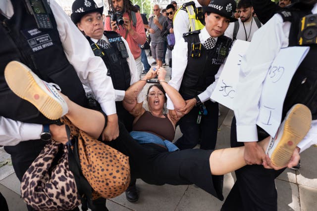 palestineactionpremium



A woman is detained by police officers as supporters of Palestine Action take part in a mass action in Parliament Square (Stefan Rousseau/PA)