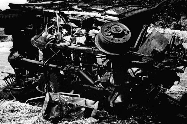 The remains of an Army truck which caught the full force of an IRA bomb at Narrow Water in 1979 (PA)