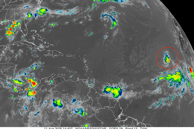 <p>La tormenta tropical Erin puede verse frente a la costa oriental de África en esta imagen de satélite de la NOAA (Oficina Nacional de Administración Oceánica y Atmosférica de EE. UU.). Los meteorólogos prevén que Erin se intensifique y se convierta en un huracán de gran potencia a medida que avance hacia el oeste por el océano Atlántico. Los expertos creen que la tormenta girará hacia el norte antes de tocar tierra en EE. UU., pero la borrasca podría potencialmente traer condiciones de tormenta tropical severa a la costa este del país a su paso</p>