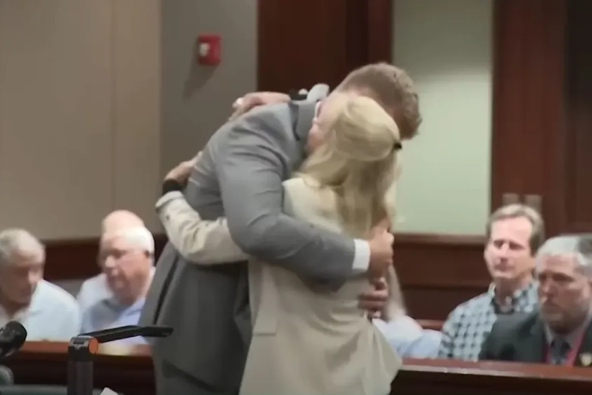 Moment woman hugs her husband’s killer in court after hit-and-run guilty verdict