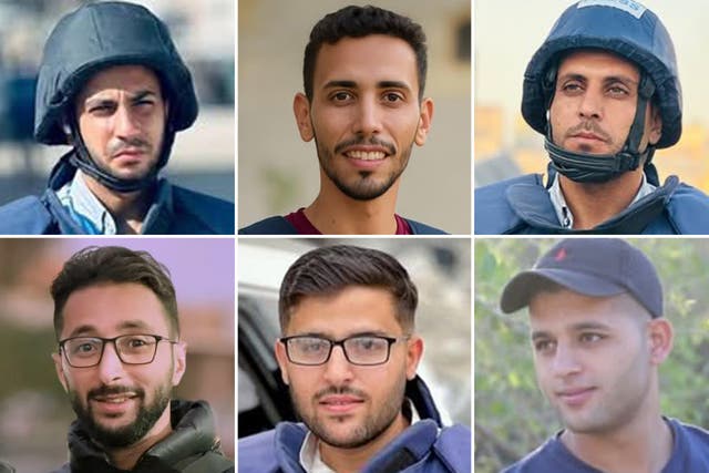 <p>The six journalists who were killed in an Israeli airstrike in the Gaza Strip on 10 August: (clockwise, from top left) Anas al-Sharif, Moamen Aliwa, Mohammed Qreiqeh, Mohammed Noufal, Ibrahim Zaher and Mohammed al-Khaldi</p>
