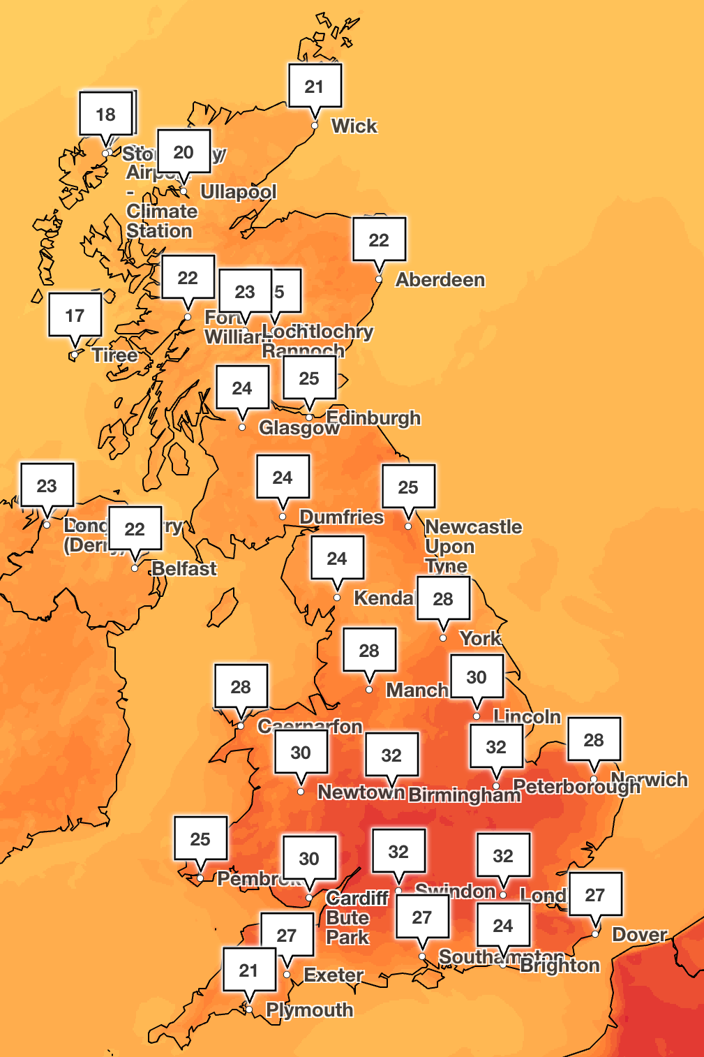 Met Office shows that temperature estimate at 15:00 on Tuesday, August 12th, and that England reaches 32 ° C in the south
