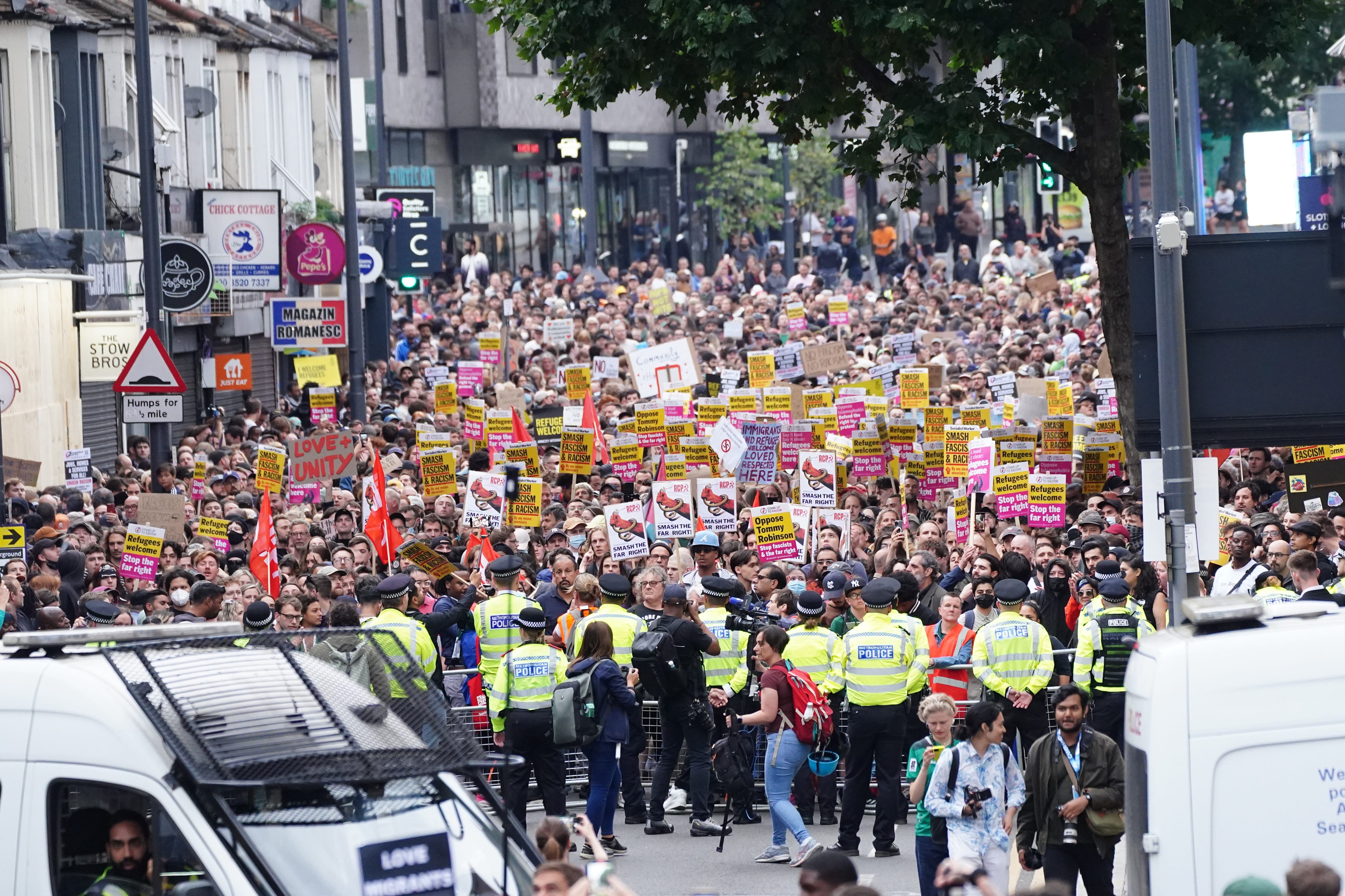 Counter-protesters ahead of an anti-immigration protest in Walthamstow on August 7 2024 following the murder of three young girls in Southport (PA Archive)