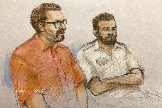 Court artist drawing of Christopher Brain (left) appearing at Inner London Crown Court (Elizabeth Cook/PA)