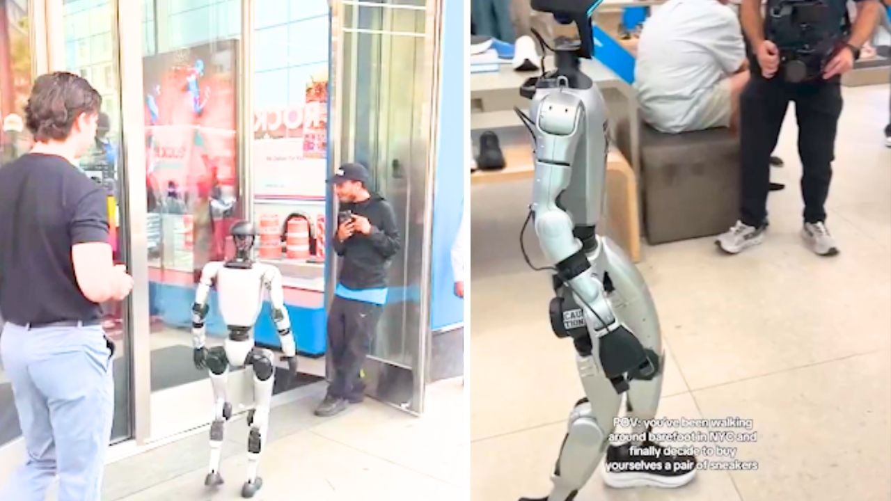 <p>Robot tries on sneakers</p>