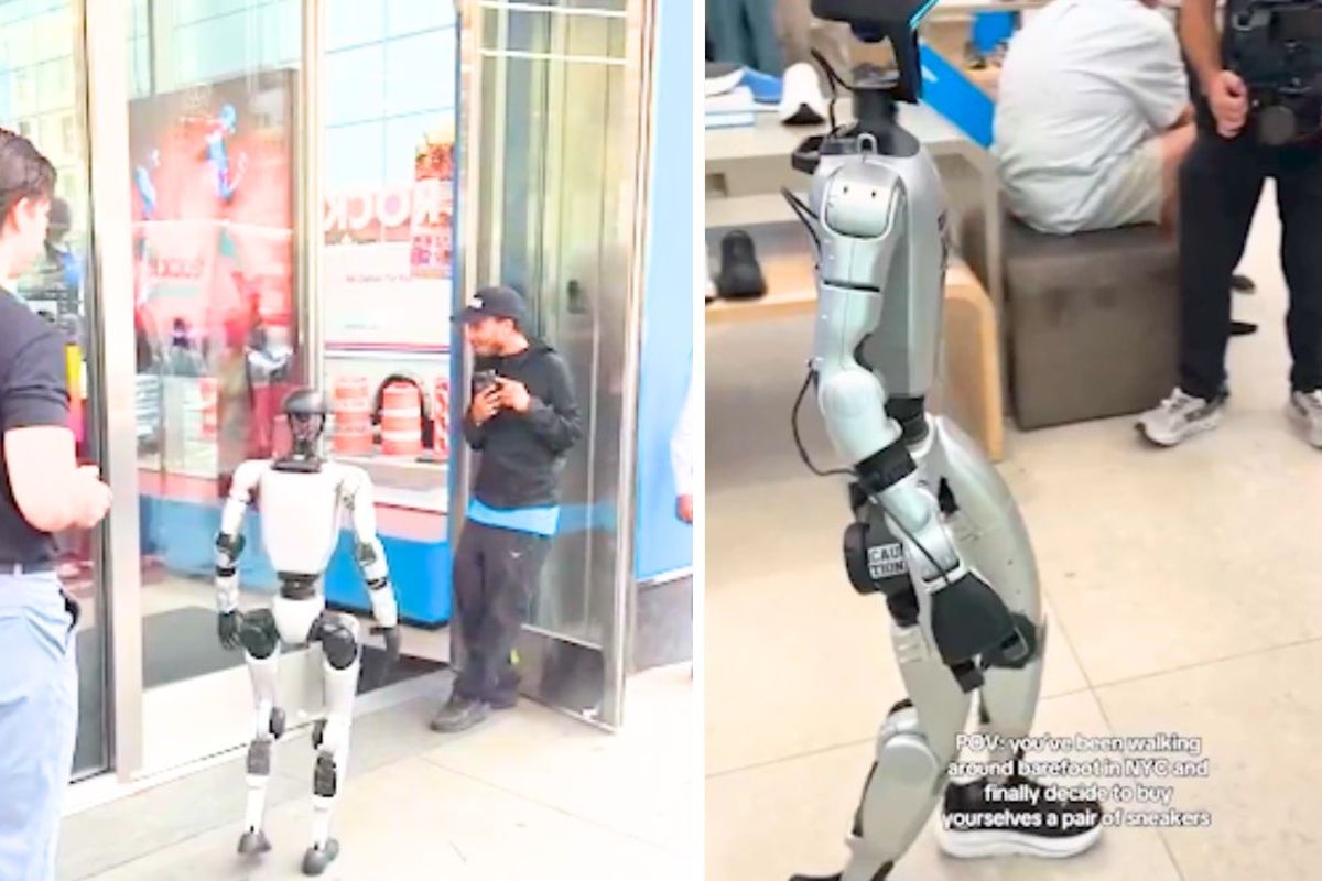 Humanoid robot tries on sneakers at Manhattan store
