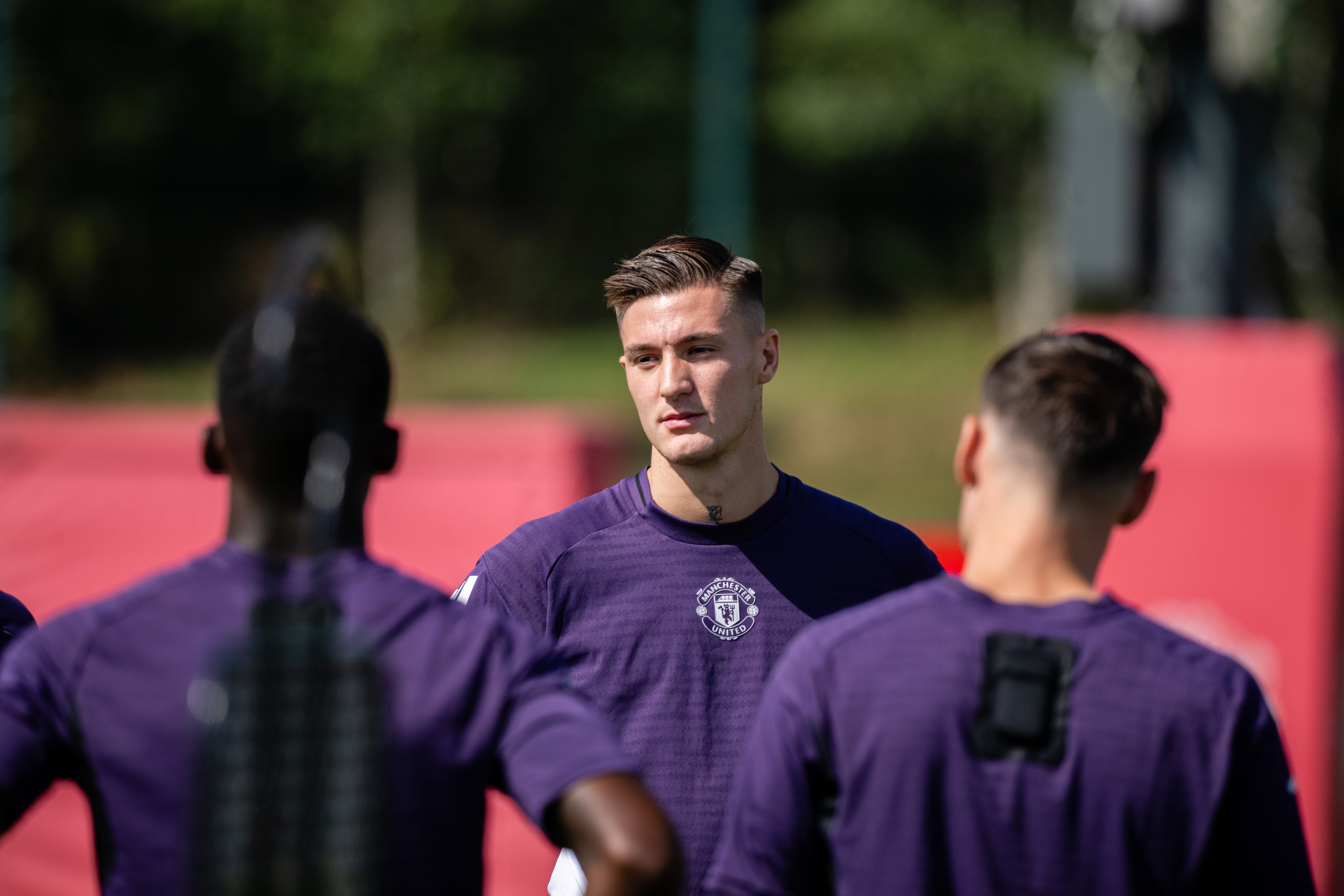 <p>Benjamin Sesko of Manchester United in action during a first team training session at Carrington Training Ground </p>