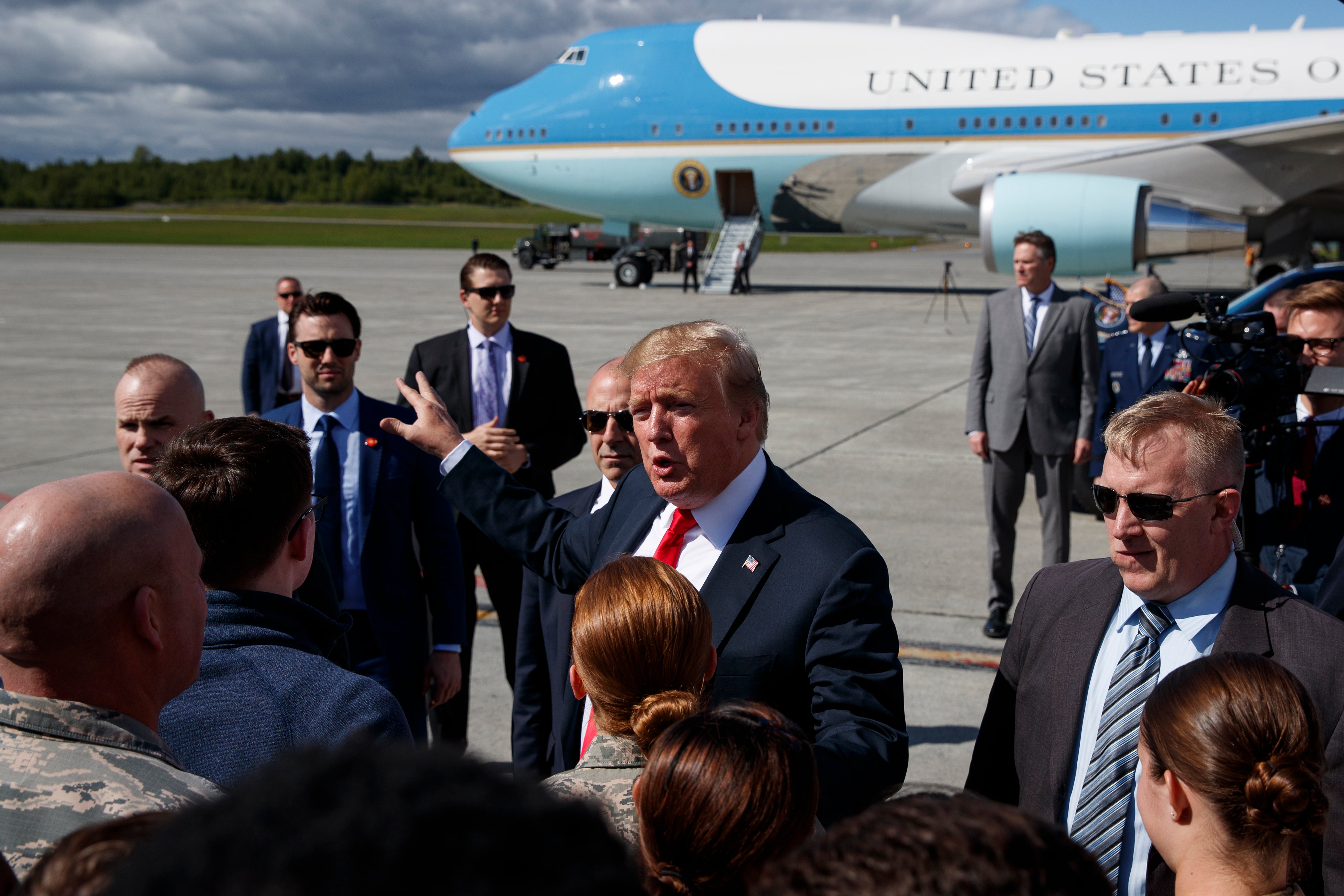President Donald Trump greets troops after landing at Joint Base Elmendorf-Richardson back in 2019