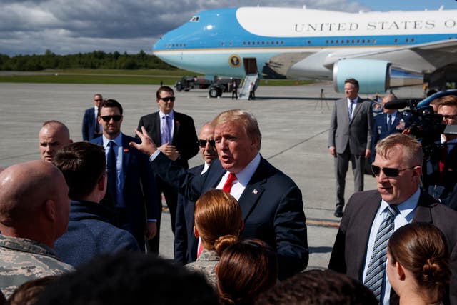 <p>Donald Trump at Joint Base Elmendorf-Richardson during a refuelling stop in May 2019</p>