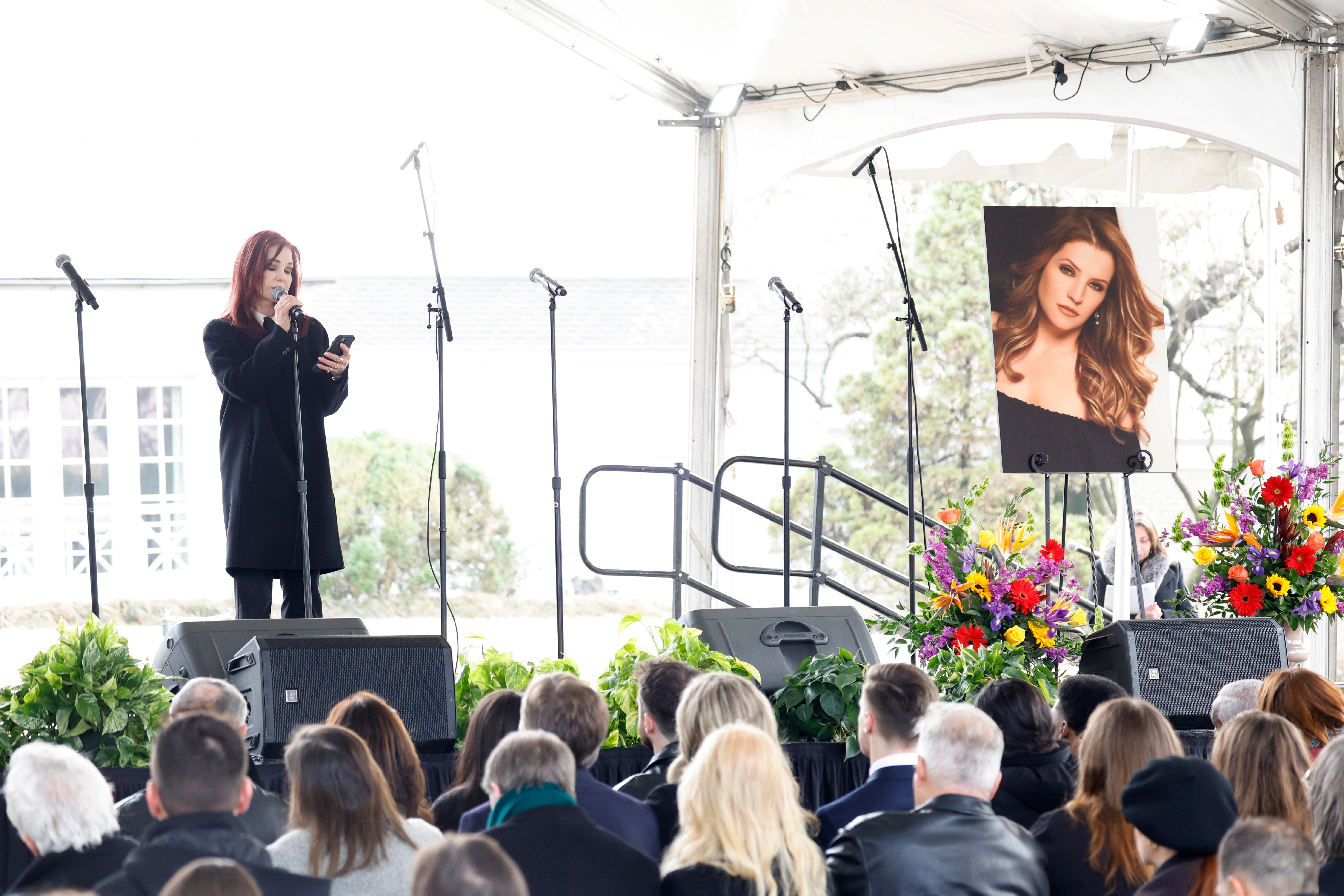 Priscilla Presley speaks at her daughter’s memorial service . Lisa Marie died of a small bowel obstruction in January 2023 at the age of 54.