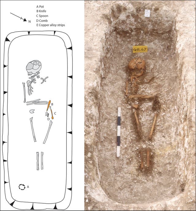 <p>Grave 47 at Updown: photograph and adjacent grave plan show the positioning of the body and grave goods</p>