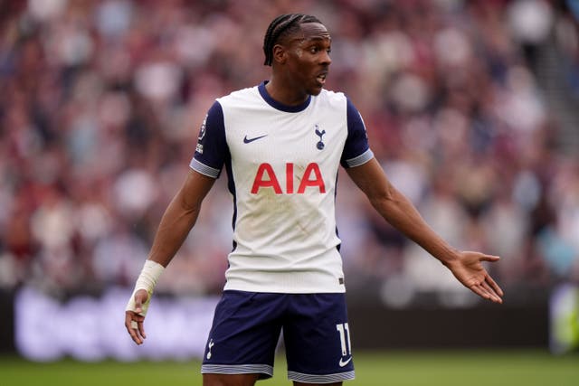 Tottenham’s Mathys Tel missed a penalty in his side’s UEFA Super Cup defeat to Paris St Germain (Bradley Collyer/PA)