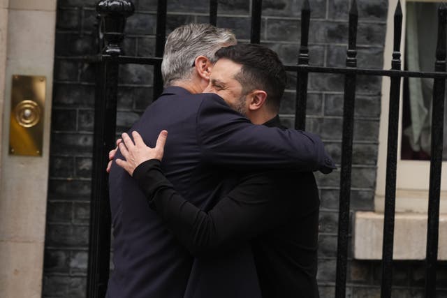 Prime Minister Sir Keir Starmer welcomes Ukrainian President Volodymyr Zelensky to 10 Downing Street (Jordan Pettitt/PA)