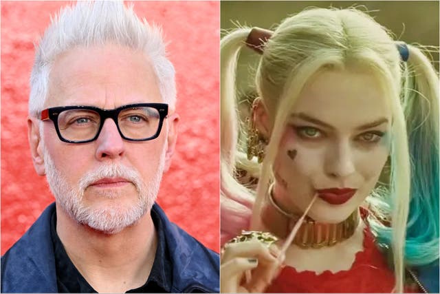<p>James Gunn (left) and Margot Robbie as Harley Quinn</p>