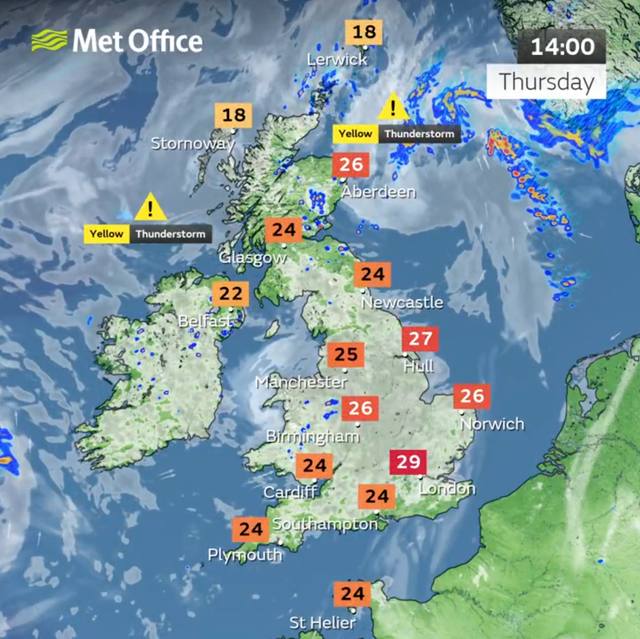 <p>Heavy thunderstorms are set to be met with high heat in Scotland and Northern Ireland</p>
