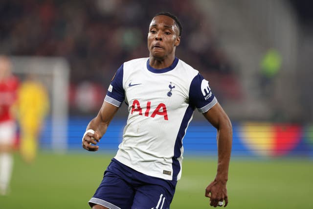 <p>Tottenham’s Mathys Tel missed a penalty in Wednesday night’s UEFA Super League defeat to Paris St Germain (Peter Lous/PA)</p>