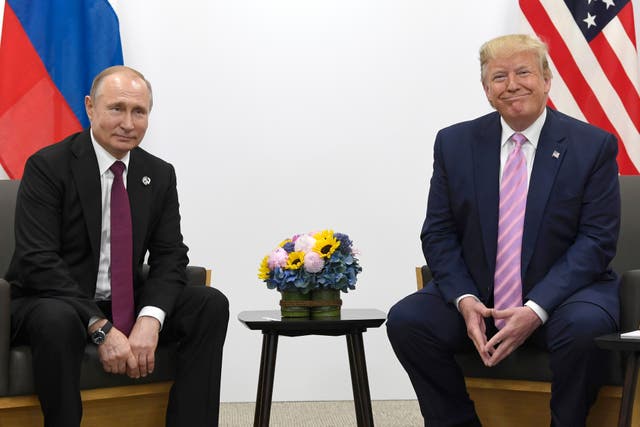<p>President Donald Trump, right, meets with Russian President Vladimir Putin on the sidelines of the G-20 summit in Osaka, Japan, June 28, 2019</p>