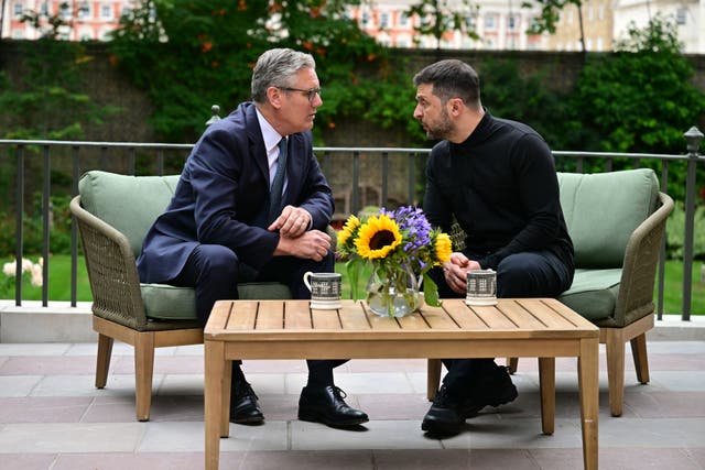 <p>Starmer and Zelensky enjoy a cup of tea and a chat in the gardens of Downing Street</p>