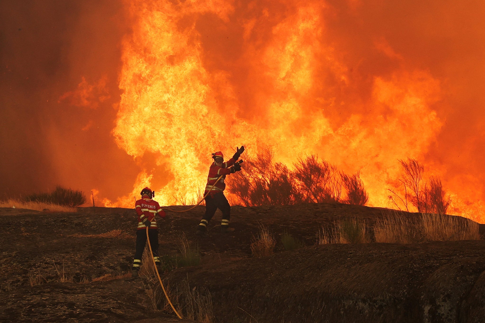 Firefighters work to extinguish a wildfire approaching Trancoso, Portugal, on Wednesday